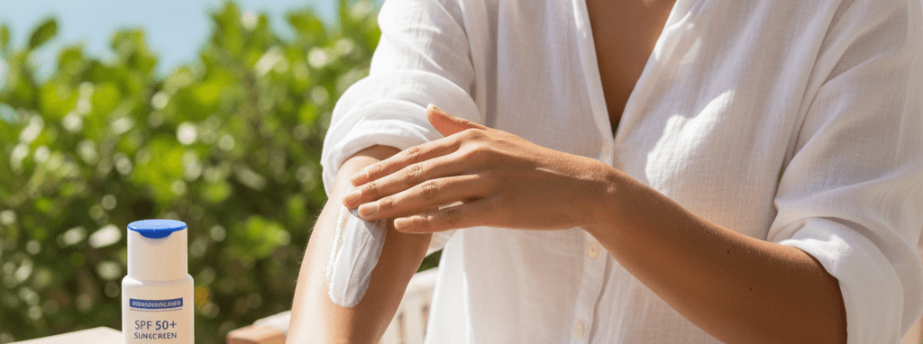 Mulher se aplicando protetor solar